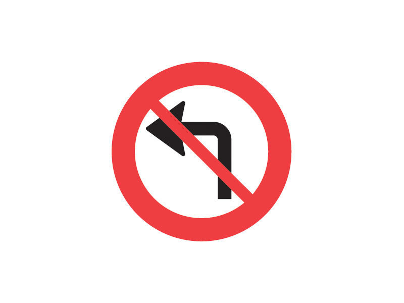 C11_2 - Ventresving forbudt. Forbuddet gælder kun i det kryds eller ved den indkørsel, hvor tavlen er opsat, medmindre andet er angivet med undertavle.