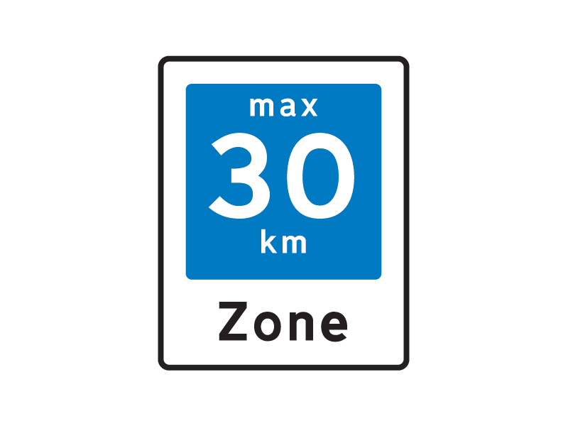 E53 - Område med fartdæmpning.Tavlen angiver et område, hvor kørebanen er indrettet således, at den ikke er egnet til kørsel med højere hastighed end den angivne. Tavlen kan anvendes med undertavlerne U 1, U 2 eller U 6 til forvarsling.