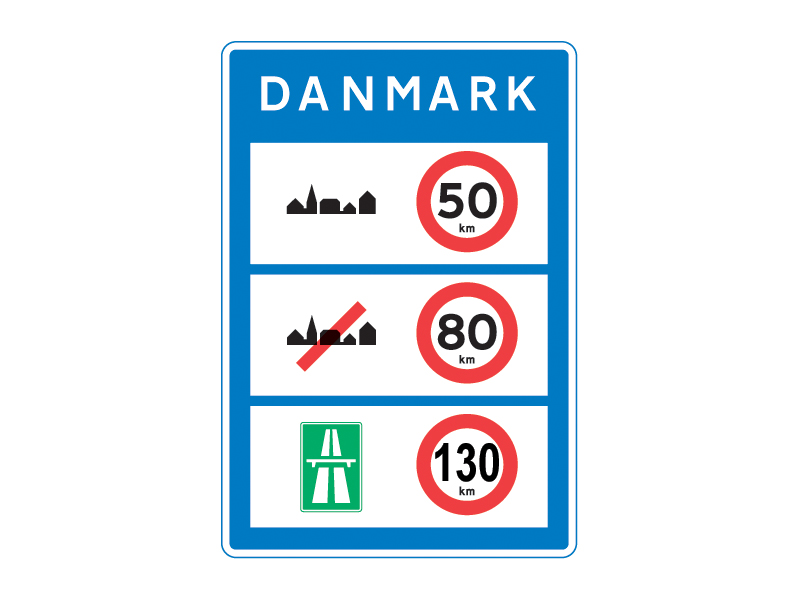E80 - Generelle hastighedsbegrænsninger. Tavlen angiver de generelle hastighedsbegrænsninger, som gælder i landet.